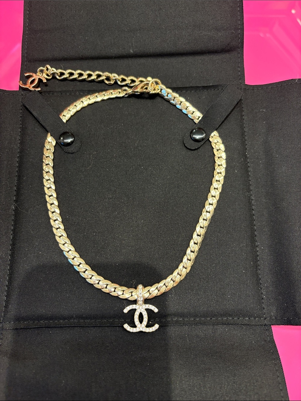 CHANEL Gold Chain Necklace with Crystal-Embellished CC Pendant